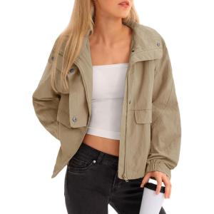 Fisoew Womens Cropped Jacket Zip Up Lightweight Hooded Trench Coat Active Outdoor Windbreaker Raincoat with Pockets(Khaki)