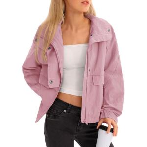 Fisoew Womens Cropped Jacket Zip Up Lightweight Hooded Trench Coat Active Outdoor Windbreaker Raincoat with Pockets(Pink)
