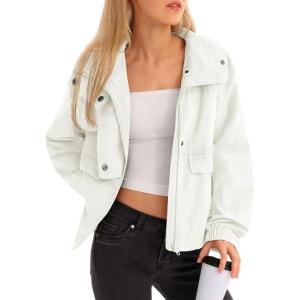 Fisoew Womens Cropped Jacket Zip Up Lightweight Hooded Trench Coat Active Outdoor Windbreaker Raincoat with Pockets(White)