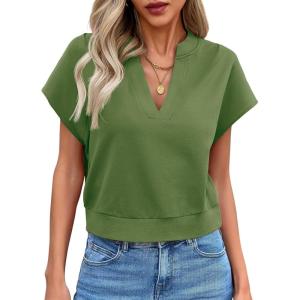 Fisoew Womens Cropped Tops Summer V Neck Cap Sleeve Casual Loose Fit T Shirts(Army Green)