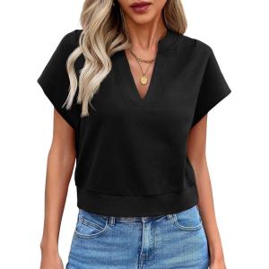 Fisoew Womens Cropped Tops Summer V Neck Cap Sleeve Casual Loose Fit T Shirts(Black)