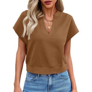 Fisoew Womens Cropped Tops Summer V Neck Cap Sleeve Casual Loose Fit T Shirts(Brown)