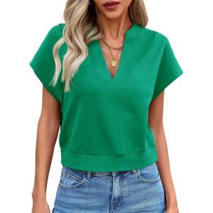 Fisoew Womens Cropped Tops Summer V Neck Cap Sleeve Casual Loose Fit T Shirts(Green)