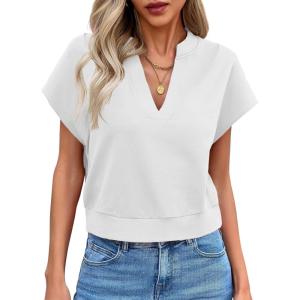 Fisoew Womens Cropped Tops Summer V Neck Cap Sleeve Casual Loose Fit T Shirts(White)