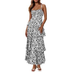 Fisoew Womens Floral Maxi Dresses Spaghetti Strap Casual Sleeveless Ruffle Flowy Tiered Dress(Black)
