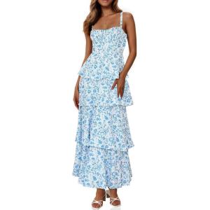 Fisoew Womens Floral Maxi Dresses Spaghetti Strap Casual Sleeveless Ruffle Flowy Tiered Dress(Blue)