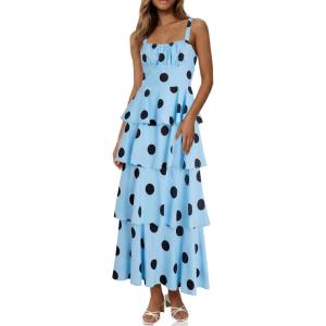 Fisoew Womens Floral Maxi Dresses Spaghetti Strap Casual Sleeveless Ruffle Flowy Tiered Dress(Blue&black)