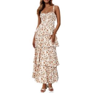 Fisoew Womens Floral Maxi Dresses Spaghetti Strap Casual Sleeveless Ruffle Flowy Tiered Dress(Brown)