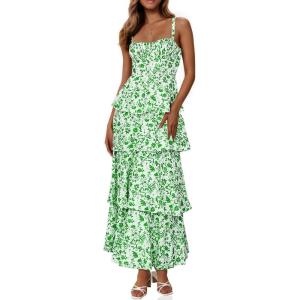 Fisoew Womens Floral Maxi Dresses Spaghetti Strap Casual Sleeveless Ruffle Flowy Tiered Dress(Green)