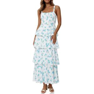 Fisoew Womens Floral Maxi Dresses Spaghetti Strap Casual Sleeveless Ruffle Flowy Tiered Dress(Light Blue)