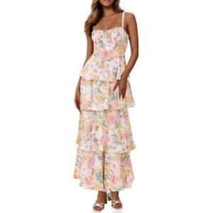 Fisoew Womens Floral Maxi Dresses Spaghetti Strap Casual Sleeveless Ruffle Flowy Tiered Dress(Multicolor)
