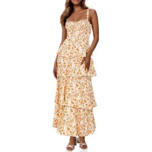 Fisoew Womens Floral Maxi Dresses Spaghetti Strap Casual Sleeveless Ruffle Flowy Tiered Dress(Orange)