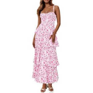 Fisoew Womens Floral Maxi Dresses Spaghetti Strap Casual Sleeveless Ruffle Flowy Tiered Dress(Pink)