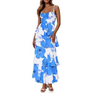 Fisoew Womens Floral Maxi Dresses Spaghetti Strap Casual Sleeveless Ruffle Flowy Tiered Dress(Sky Blue)