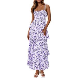 Fisoew Womens Floral Maxi Dresses Spaghetti Strap Casual Sleeveless Ruffle Flowy Tiered Dress(Violet)