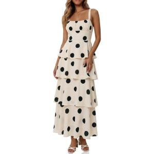 Fisoew Womens Floral Maxi Dresses Spaghetti Strap Casual Sleeveless Ruffle Flowy Tiered Dress(White&black)