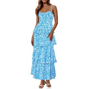 Fisoew Womens Floral Maxi Dresses Spaghetti Strap Casual Sleeveless Ruffle Flowy Tiered Dress(White&blue)