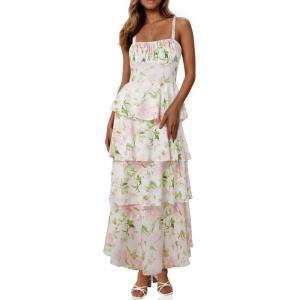 Fisoew Womens Floral Maxi Dresses Spaghetti Strap Casual Sleeveless Ruffle Flowy Tiered Dress(White&pink)