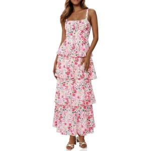 Fisoew Womens Floral Maxi Dresses Spaghetti Strap Casual Sleeveless Ruffle Flowy Tiered Dress(White&red)