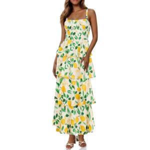 Fisoew Womens Floral Maxi Dresses Spaghetti Strap Casual Sleeveless Ruffle Flowy Tiered Dress(Yellow&green)