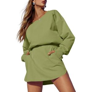 Fisoew Womens Long Sleeve Athletic Dress Backless Keyhole Built-in Shorts Oversized Workout Active Dresses(Army Green)