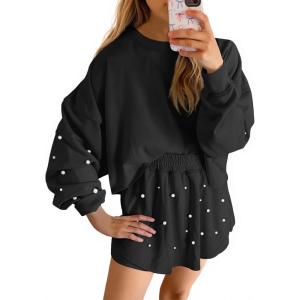 Fisoew Womens Lounge Sets 2 Piece Outfits Decor Pearl Long Sleeve Sweatshirt Skort Skirt Tracksuits Shorts Sets(Black)