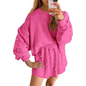 Fisoew Womens Lounge Sets 2 Piece Outfits Decor Pearl Long Sleeve Sweatshirt Skort Skirt Tracksuits Shorts Sets(Rose Red)