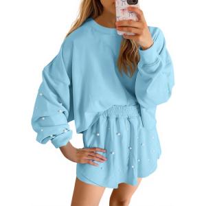 Fisoew Womens Lounge Sets 2 Piece Outfits Decor Pearl Long Sleeve Sweatshirt Skort Skirt Tracksuits Shorts Sets(Sky Blue)