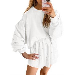 Fisoew Womens Lounge Sets 2 Piece Outfits Decor Pearl Long Sleeve Sweatshirt Skort Skirt Tracksuits Shorts Sets(White)