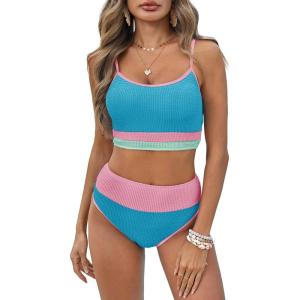 Fisoew Womens Neon Bikini Sets High Waisted Ribbed Color Block Spaghetti Straps Scoop Neck Textured Two Piece Swimsuits(Blue)