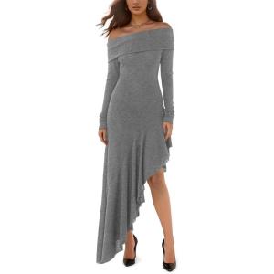 Fisoew Women’s Off The Shoulder Long Sleeve Maxi Dress Fall Casual Ruffle Irregular Hem Wedding Guest Dresses(Dark Grey)