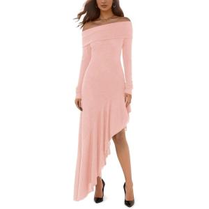 Fisoew Women’s Off The Shoulder Long Sleeve Maxi Dress Fall Casual Ruffle Irregular Hem Wedding Guest Dresses(Pink)