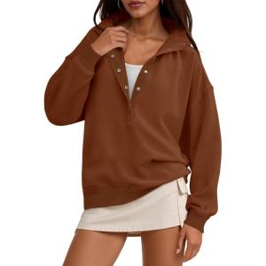 Fisoew Womens Oversized Sweatshirts Casual Long Sleeve Snap Button Henley Neck Loose Fit Fall Pullover Tops Coffee