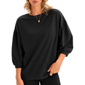 Fisoew Womens Puff Sleeve Sweatshirts Casual Crewneck 3/4 Sleeve Loose Fit Fall Pullover Tops(Black)