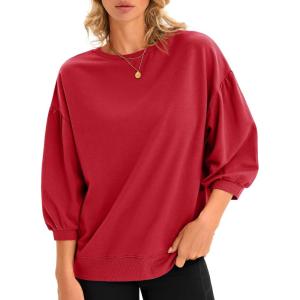 Fisoew Womens Puff Sleeve Sweatshirts Casual Crewneck 3/4 Sleeve Loose Fit Fall Pullover Tops(Red)