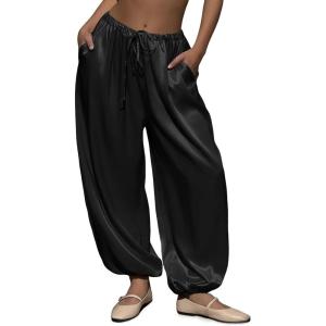 Fisoew Womens Satin Harem Pants Casual Baggy Barrel Leg Elastic Waist Drawstring Loose Workout Track Pants with Pockets(Black)