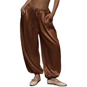 Fisoew Womens Satin Harem Pants Casual Baggy Barrel Leg Elastic Waist Drawstring Loose Workout Track Pants with Pockets(Brown)