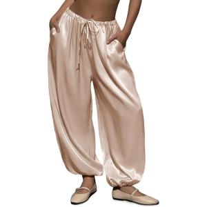 Fisoew Womens Satin Harem Pants Casual Baggy Barrel Leg Elastic Waist Drawstring Loose Workout Track Pants with Pockets(Khaki)