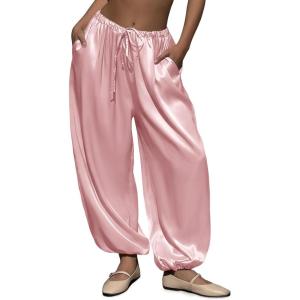 Fisoew Womens Satin Harem Pants Casual Baggy Barrel Leg Elastic Waist Drawstring Loose Workout Track Pants with Pockets(Pink)