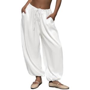 Fisoew Womens Satin Harem Pants Casual Baggy Barrel Leg Elastic Waist Drawstring Loose Workout Track Pants with Pockets(White)