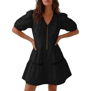 Fisoew Women’s Short Sleeve Mini Dress Casual Half Zip V Neck Loose Mesh Back Utility Summer Dresses with Pockets(Black)
