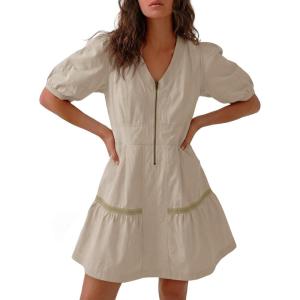 Fisoew Women’s Short Sleeve Mini Dress Casual Half Zip V Neck Loose Mesh Back Utility Summer Dresses with Pockets(Khaki)