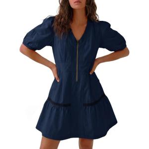 Fisoew Women’s Short Sleeve Mini Dress Casual Half Zip V Neck Loose Mesh Back Utility Summer Dresses with Pockets(Navy)