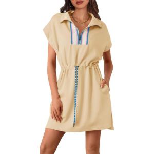 Fisoew Womens Short Sleeve Mini Dress Summer Quarter Zip V Neck Casual Sweatshirt Dresses with Drawstring Waist Beige
