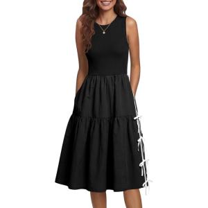 Fisoew Womens Sleeveless Midi Dress Summer Ribbed Knit Patchwork Self-tie Bow Loose Active Tank Dresses with Pockets(Black)