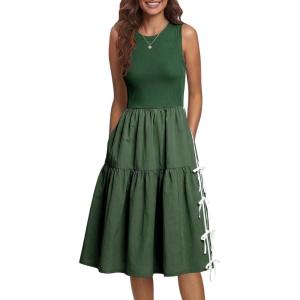 Fisoew Womens Sleeveless Midi Dress Summer Ribbed Knit Patchwork Self-tie Bow Loose Active Tank Dresses with Pockets(Green)