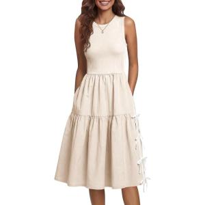 Fisoew Womens Sleeveless Midi Dress Summer Ribbed Knit Patchwork Self-tie Bow Loose Active Tank Dresses with Pockets(Khaki)