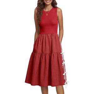 Fisoew Womens Sleeveless Midi Dress Summer Ribbed Knit Patchwork Self-tie Bow Loose Active Tank Dresses with Pockets(Red)