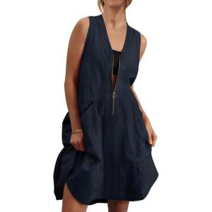 Fisoew Women’s Sleeveless Tank Mini Dress Casual Half Zip V Neck Loose Mesh Back Utility Summer Dresses with Pockets Dark Blue