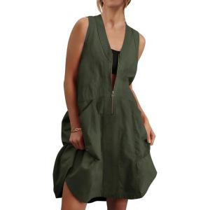 Fisoew Women’s Sleeveless Tank Mini Dress Casual Half Zip V Neck Loose Mesh Back Utility Summer Dresses with Pockets(Army Green)